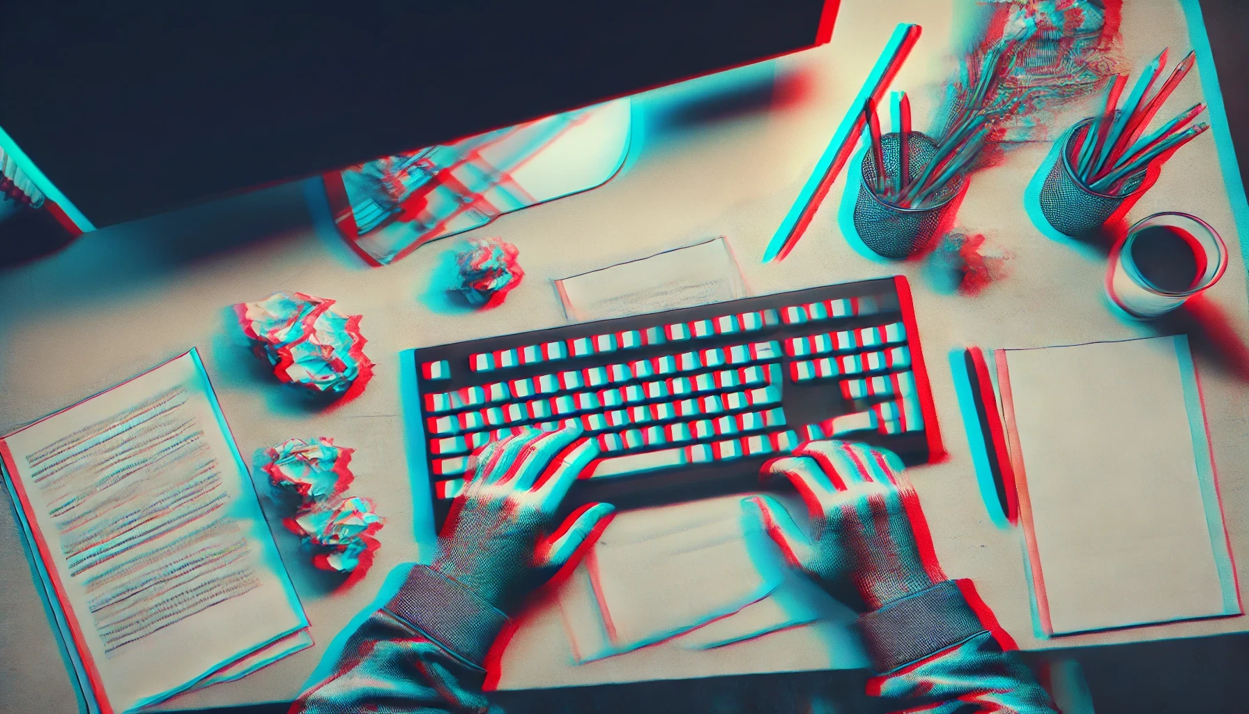 El escritorio de un guionista visto como una imágen de 3D sin tener los lentes.